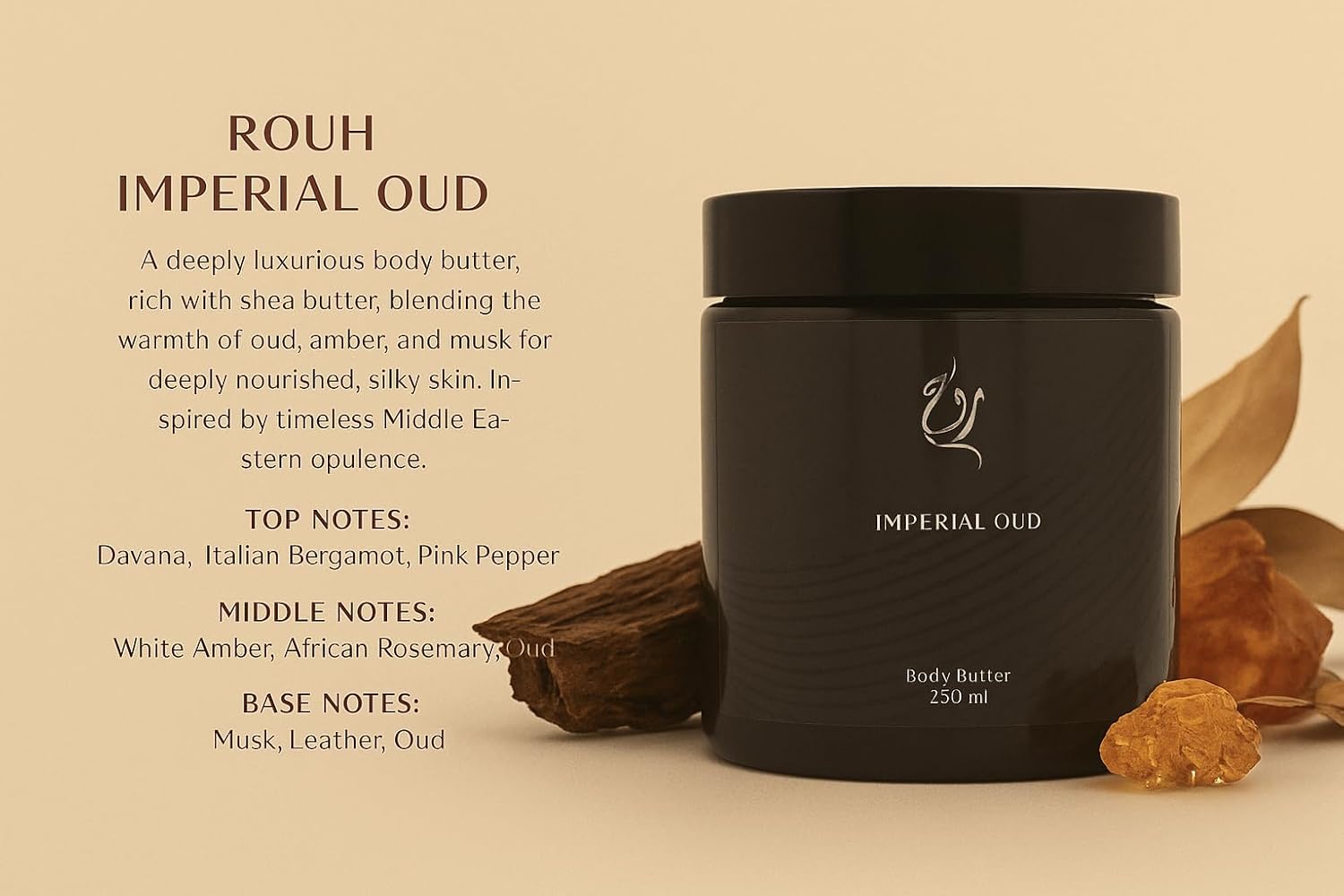 ROUH Imperial Oud Body Butter for Men and Women – Luxurious Moisturiser with Shea Butter and Oud, Musk, and Leather – Hydrating Skincare for Soft, Moisturised Skin – All Skin Types