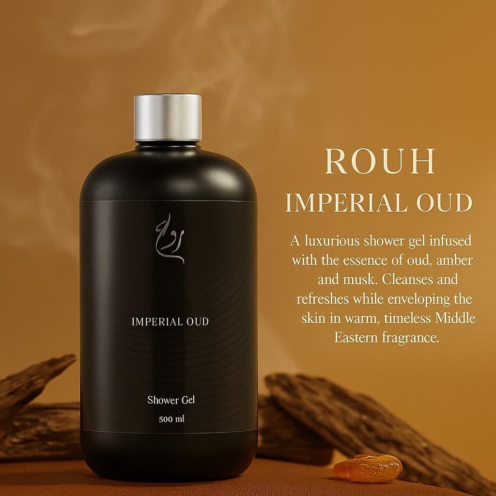ROUH Imperial Oud Shower Gel – Luxury Body Wash for Men and Women with Long Lasting Arabian Oud, Amber & Musk Fragrance, Moisturising and Refreshing Cleanser for All Skin Types, 500ml